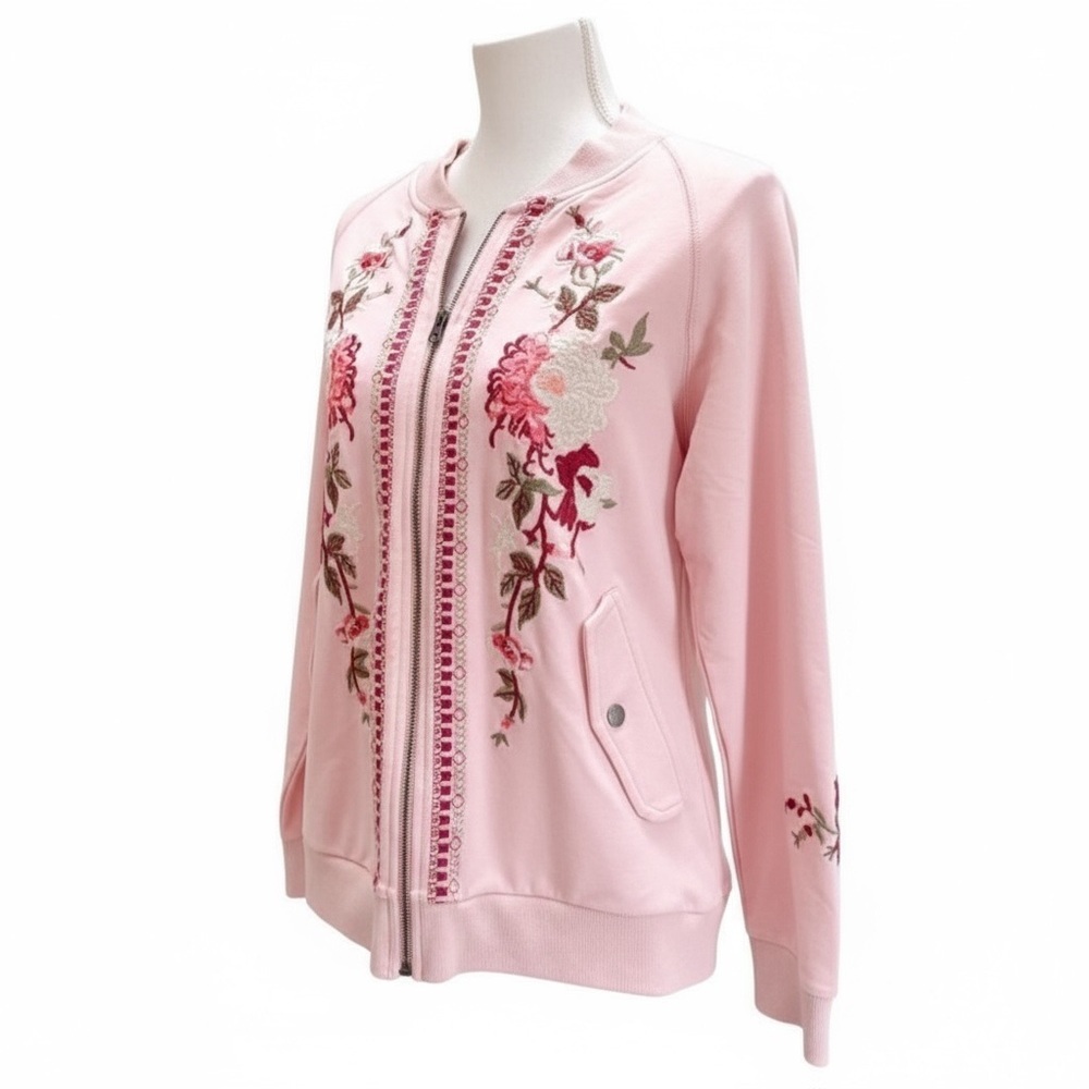 Paparazzi Womens Pink Floral Embroidered Zip Up Jacket M/L Cotton Blend Boho